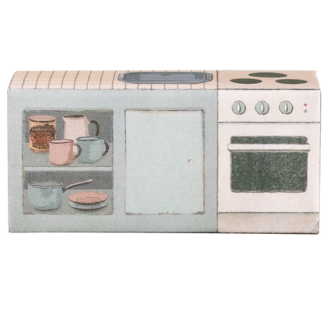 Miniature toy kitchen set with a pink countertop, mini sink, stovetop, and oven.