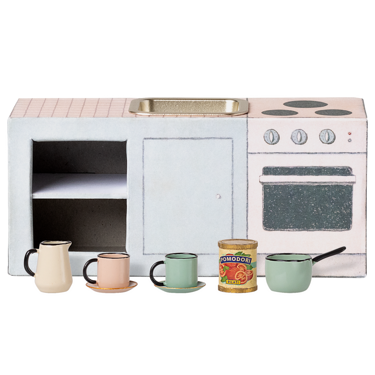 Miniature toy kitchen set with a pink countertop, mini sink, stovetop, and oven. In front are colorful cups, a can of tomatoes, and a small saucepan. Charming and playful.