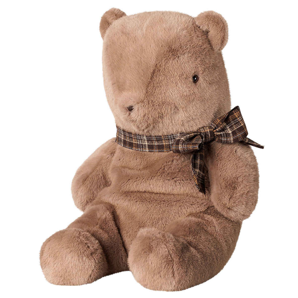 Maileg large teddy bear plush toy in dark mushroom sitting in side profile view with a plaid bow.