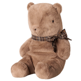 Maileg large teddy bear plush toy in dark mushroom sitting in side profile view with a plaid bow.