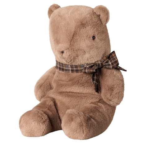 Maileg large teddy bear plush toy in dark mushroom sitting in side profile view with a plaid bow.