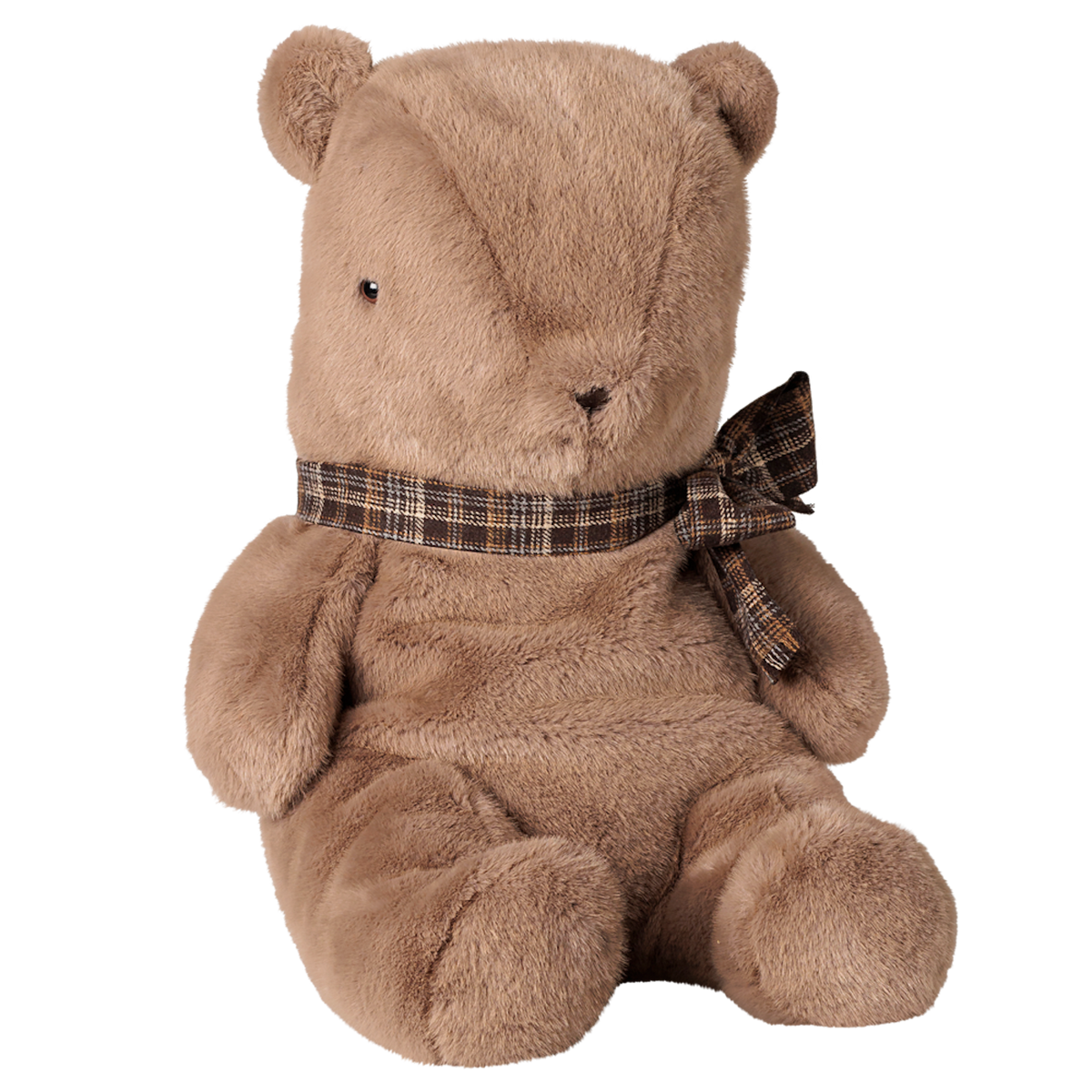 Maileg large dark mushroom teddy bear plush toy with plaid ribbon bow.