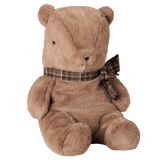 Maileg large dark mushroom teddy bear plush toy with plaid ribbon bow.