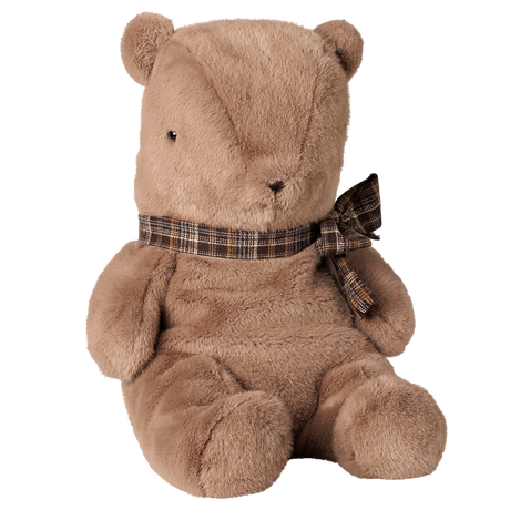 Maileg large dark mushroom teddy bear plush toy with plaid ribbon bow.