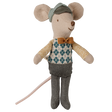 Maileg little brother driver mouse plush toy wearing a cap and bow tie.