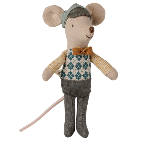 Maileg little brother driver mouse plush toy wearing a cap and bow tie.
