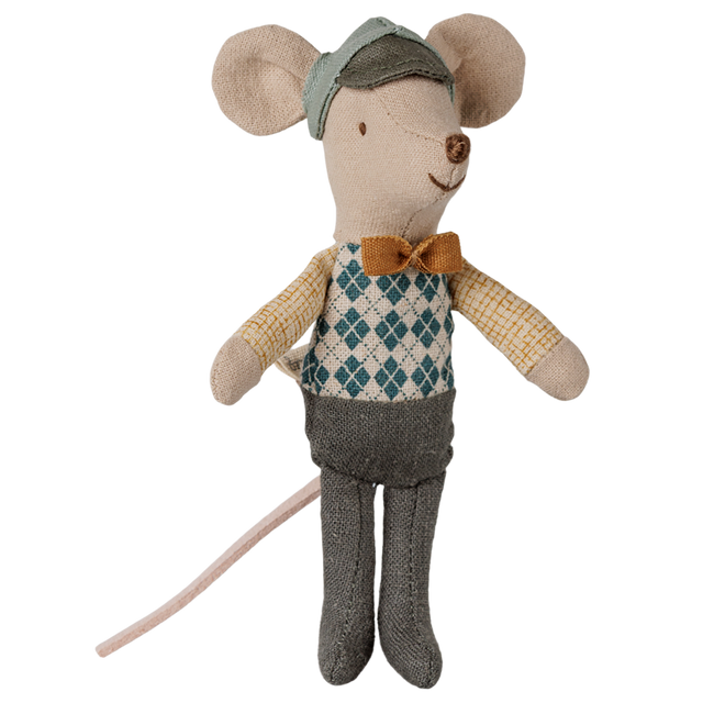 Maileg little brother driver mouse plush toy wearing a cap and bow tie.