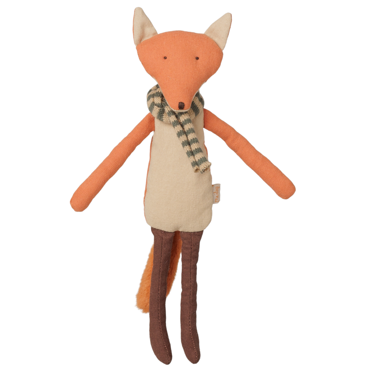 Maileg little brother fox plush toy wearing a striped knit scarf, vintage stuffed animal doll.