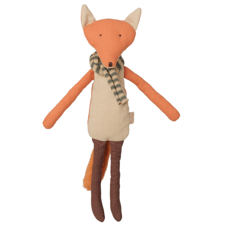 Maileg little brother fox plush toy wearing a striped knit scarf, vintage stuffed animal doll.