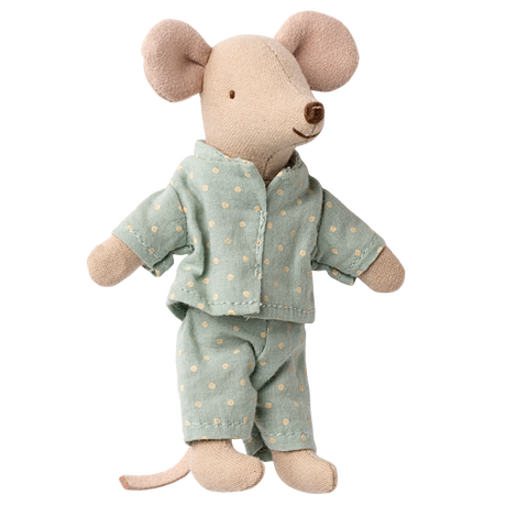 A cute, plush toy mouse stands against a white background, wearing light blue pajamas with white polka dots. The mouse's expression is gentle and charming.