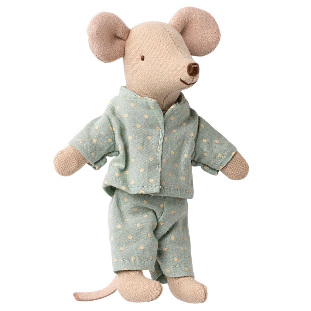A cute, plush toy mouse stands against a white background, wearing light blue pajamas with white polka dots. The mouse's expression is gentle and charming.