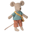 A cute plush mouse toy wearing a striped blue shirt, orange pants, and a yellow shoulder bag, set against a plain white background.