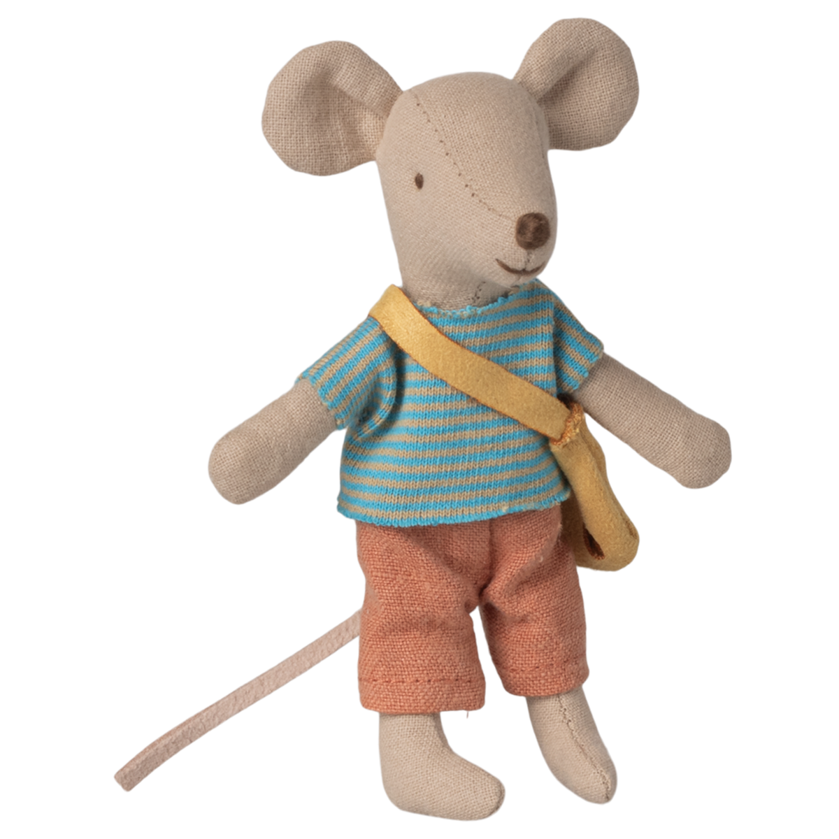 A cute plush mouse toy wearing a striped blue shirt, orange pants, and a yellow shoulder bag, set against a plain white background.