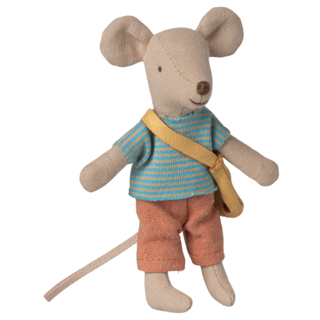 A cute plush mouse toy wearing a striped blue shirt, orange pants, and a yellow shoulder bag, set against a plain white background.