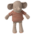 A stuffed elephant toy with a sewn texture and soft gray color, wearing a red and white striped shirt, is set against a white background.