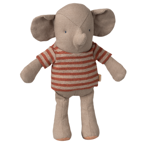 A stuffed elephant toy with a sewn texture and soft gray color, wearing a red and white striped shirt, is set against a white background.