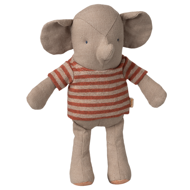 A stuffed elephant toy with a sewn texture and soft gray color, wearing a red and white striped shirt, is set against a white background.