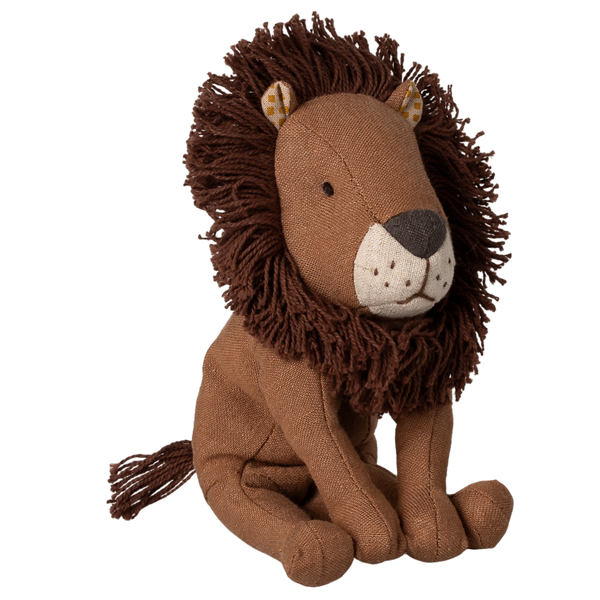 A plush lion toy with a soft, brown mane and a friendly expression, sits against a white background. Its textured fabric body enhances the cuddly appeal.