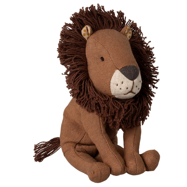 A plush lion toy with a soft, brown mane and a friendly expression, sits against a white background. Its textured fabric body enhances the cuddly appeal.