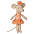 Maileg Little Sister ballerina mouse doll wearing an apricot tutu and headpiece.