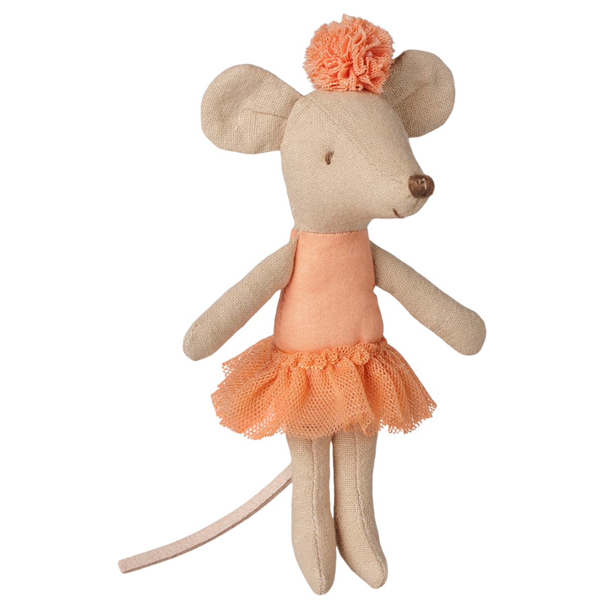 Maileg Little Sister ballerina mouse doll wearing an apricot tutu and headpiece.
