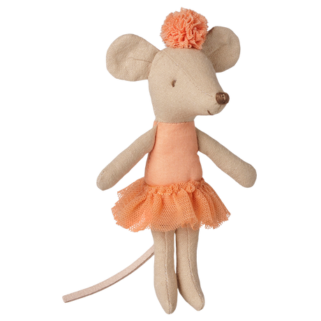 Maileg Little Sister ballerina mouse doll wearing an apricot tutu and headpiece.