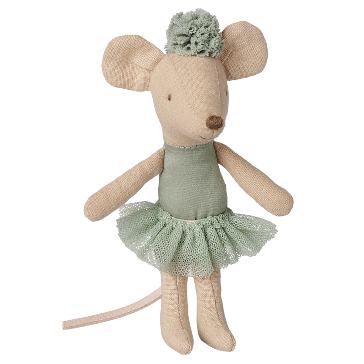 Maileg little sister ballerina mouse toy wearing a vintage mint green tutu and headpiece.