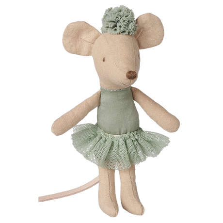 Maileg little sister ballerina mouse toy wearing a vintage mint green tutu and headpiece.