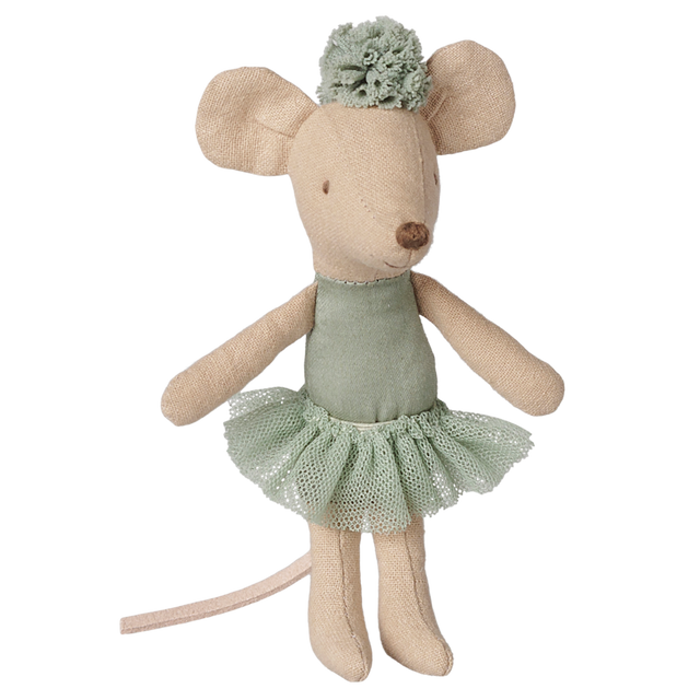 Maileg little sister ballerina mouse toy wearing a vintage mint green tutu and headpiece.