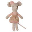 Maileg little sister mouse doll wearing a pink polka dot top and a gold glittery skirt.