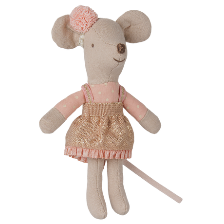 Maileg little sister mouse doll wearing a pink polka dot top and a gold glittery skirt.