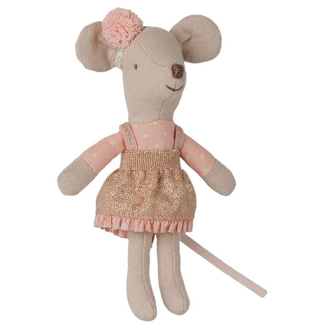Maileg little sister mouse doll wearing a pink polka dot top and a gold glittery skirt.