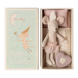 Toy mouse dressed as a tooth fairy rests in a small box with a pink pillow and crochet blanket. Box lid shows a whimsical mouse illustration and "Dream & Tooth Fairy" text.