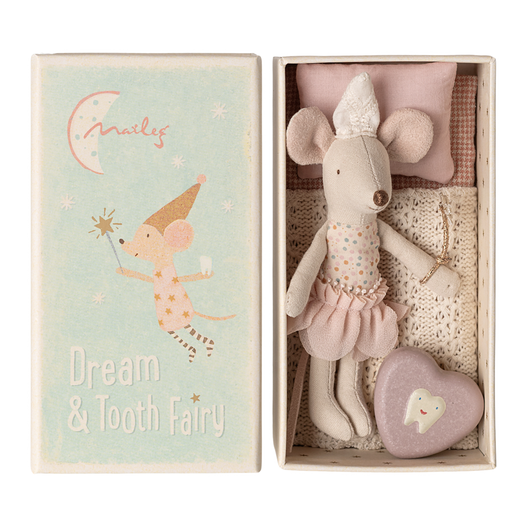 Toy mouse dressed as a tooth fairy rests in a small box with a pink pillow and crochet blanket. Box lid shows a whimsical mouse illustration and "Dream & Tooth Fairy" text.