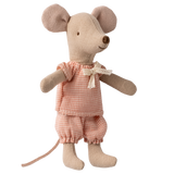 A plush mouse toy wears a pink checkered outfit with a bow, standing against a white background. It has big ears and a cheerful expression.