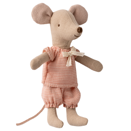 A plush mouse toy wears a pink checkered outfit with a bow, standing against a white background. It has big ears and a cheerful expression.