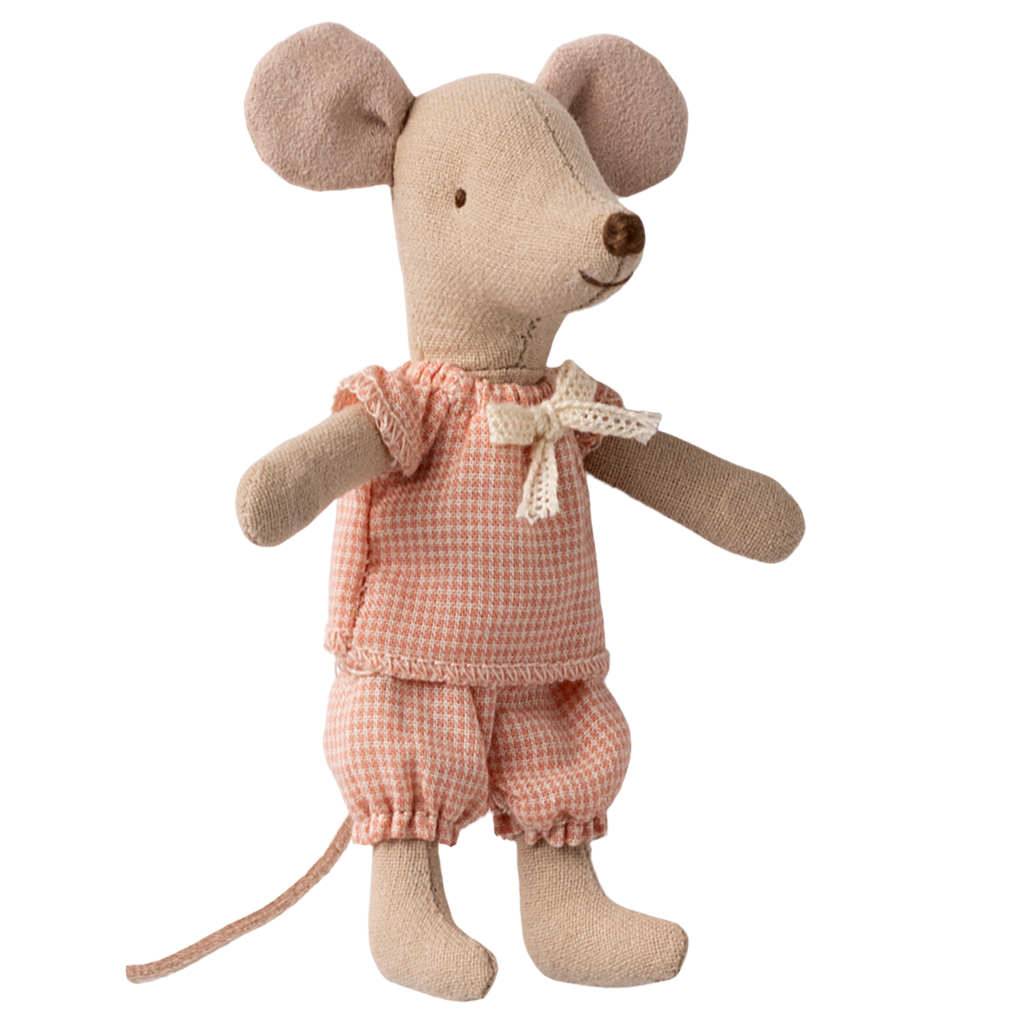 A plush mouse toy wears a pink checkered outfit with a bow, standing against a white background. It has big ears and a cheerful expression.