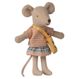 A cute fabric mouse toy wearing a striped blue and orange dress with a yellow bag, standing against a white background, conveying a playful and whimsical tone.