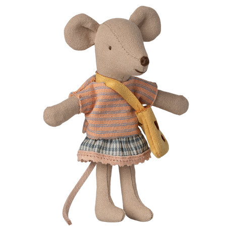 A cute fabric mouse toy wearing a striped blue and orange dress with a yellow bag, standing against a white background, conveying a playful and whimsical tone.