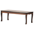 A wooden coffee table toy with a minimalist design sits against a white background. It has a flat, rectangular top and elegantly curved legs, creating a modern, sleek look.