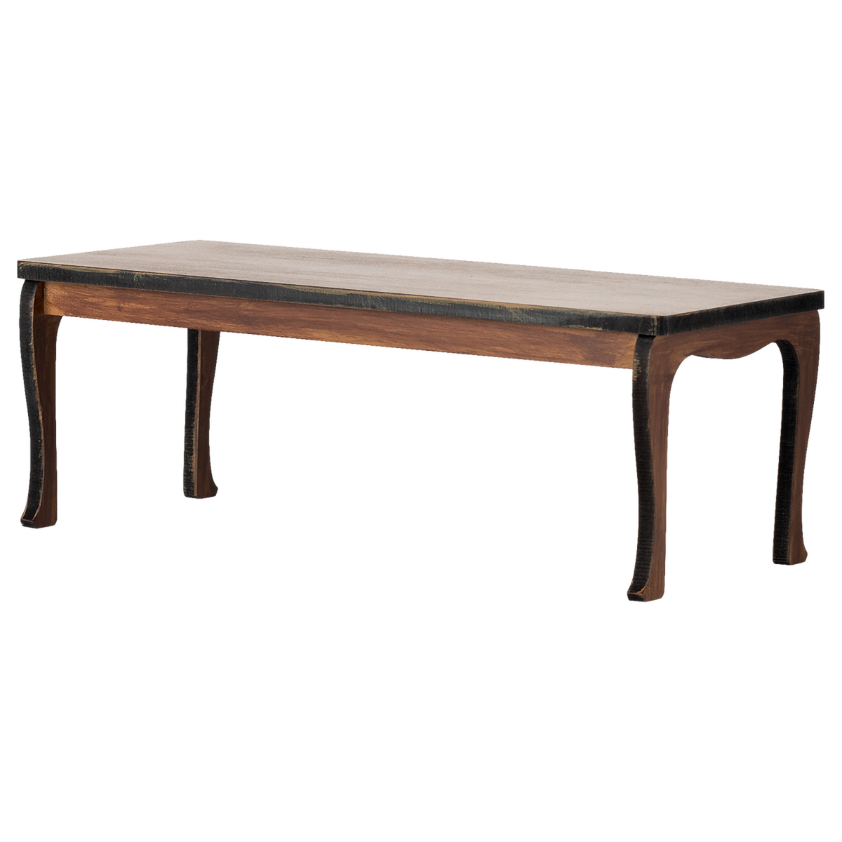 A wooden coffee table toy with a minimalist design sits against a white background. It has a flat, rectangular top and elegantly curved legs, creating a modern, sleek look.