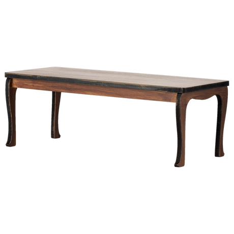 A wooden coffee table toy with a minimalist design sits against a white background. It has a flat, rectangular top and elegantly curved legs, creating a modern, sleek look.