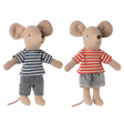 Two fabric mouse toys in striped shirts; the left mouse wears blue and white with blue shorts, the right mouse wears red and white with grey shorts.