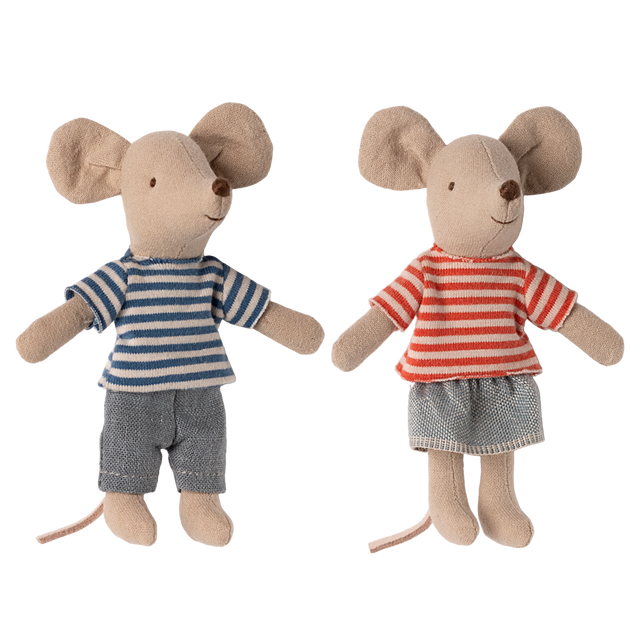 Two fabric mouse toys in striped shirts; the left mouse wears blue and white with blue shorts, the right mouse wears red and white with grey shorts.