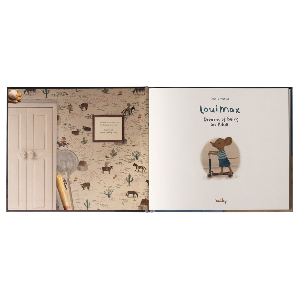 Open book spread. Left page shows a whimsical desert wallpaper with cacti, horses, and a framed note. Right page reads "Louimax Dreams of Being an Adult" with an illustration of a mouse on a scooter. Tone is playful and imaginative.