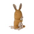 A soft, brown stuffed bunny with patterned fabric ears sits holding a white, polka-dotted blanket. The cozy scene conveys warmth and comfort.