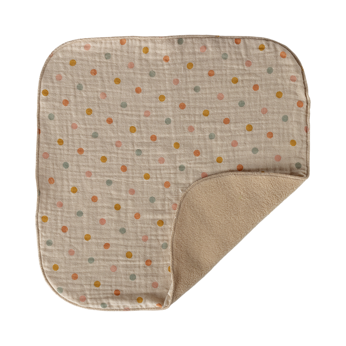 A soft, beige baby blanket with colorful polka dots in orange, green, and yellow. It has rounded corners and a plush backside, creating a cozy feel.