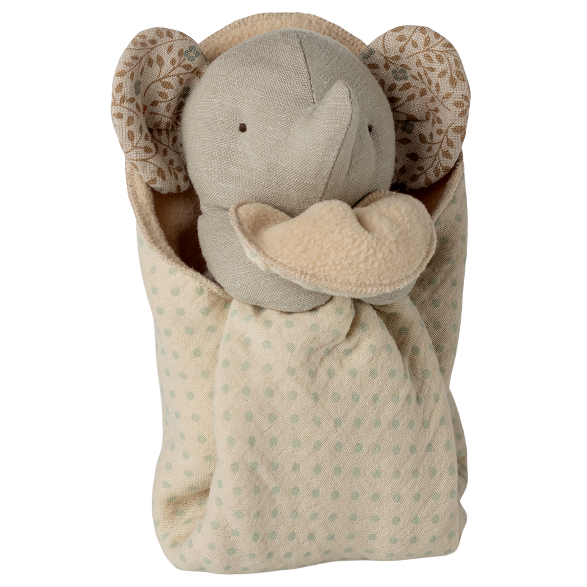 A plush elephant toy with a soft beige body and patterned ears is cozy in a polka-dotted blanket, conveying warmth and comfort against a white background.