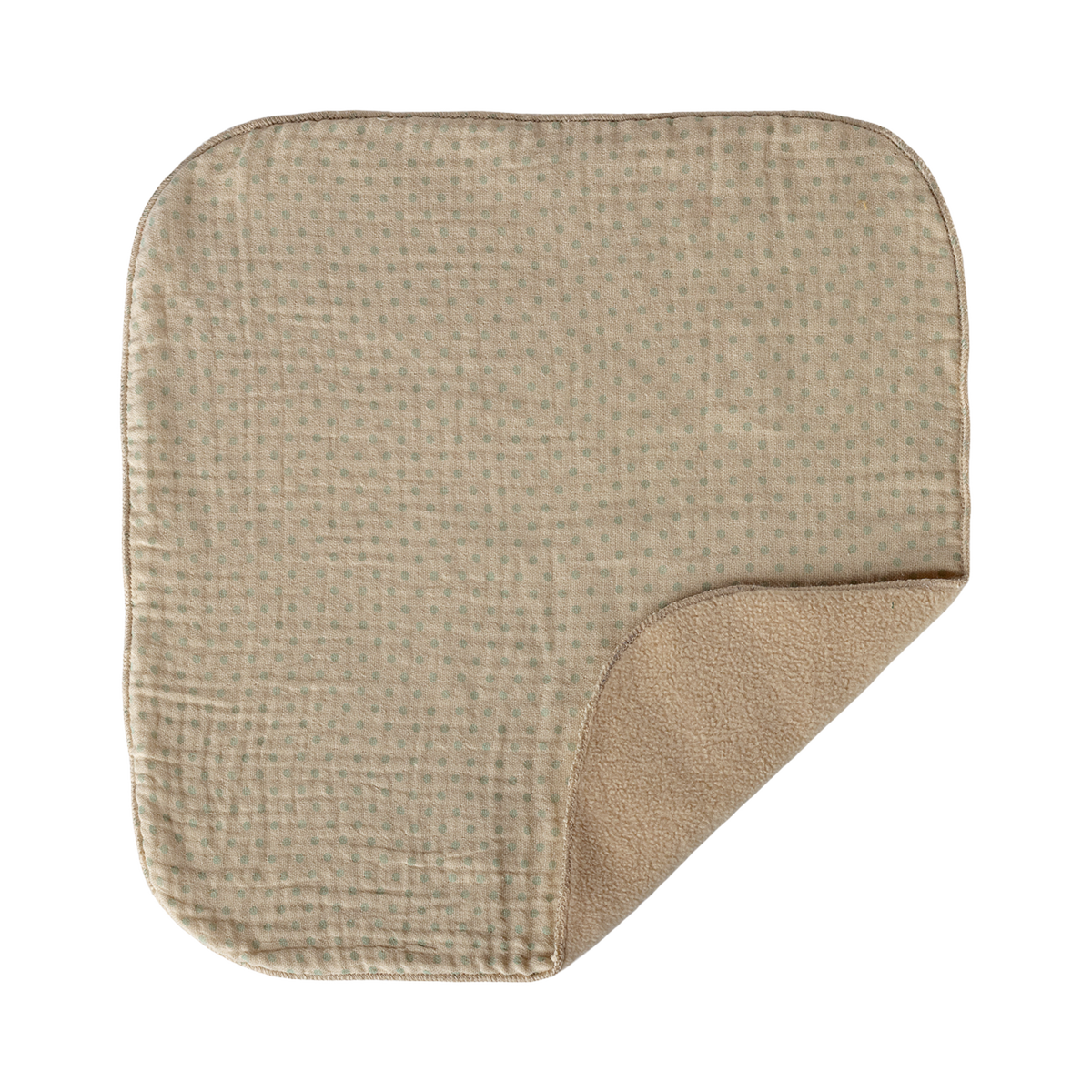A beige, square sherpa burp cloth with a subtle grid pattern lies on a white background. One corner is folded, showing a fluffy inner lining.