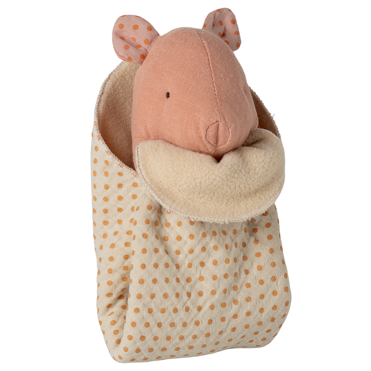 A soft pink fabric mouse peeks out of a cozy, polka-dotted sleeping bag with an orange and cream color scheme on a white background.